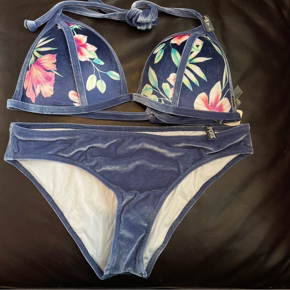 Victoria's Secret PINK Bikini Velour Velvet Push Up Mini Bikini Blue Size Large